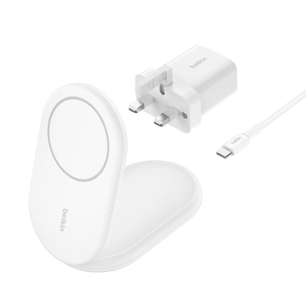 Belkin BoostCharge Caricabatteria Wireless Magnetico e Pieghevole Qi2, Ricarica Rapida 15W, Compatibile con MagSafe e StandBy, Alimentatore Incluso, Bianco