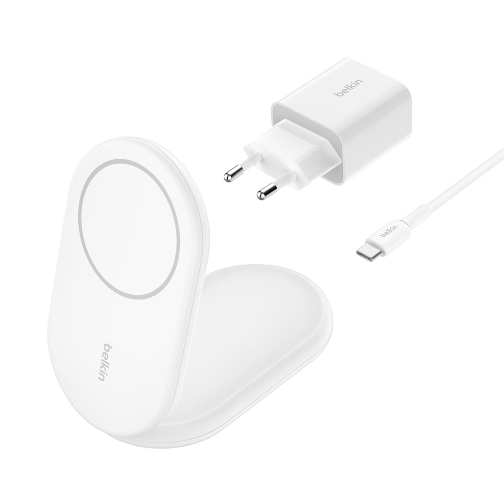 Belkin BoostCharge Caricabatteria Wireless Magnetico e Pieghevole Qi2, Ricarica Rapida 15W, Compatibile con MagSafe e StandBy, Alimentatore Incluso, Bianco