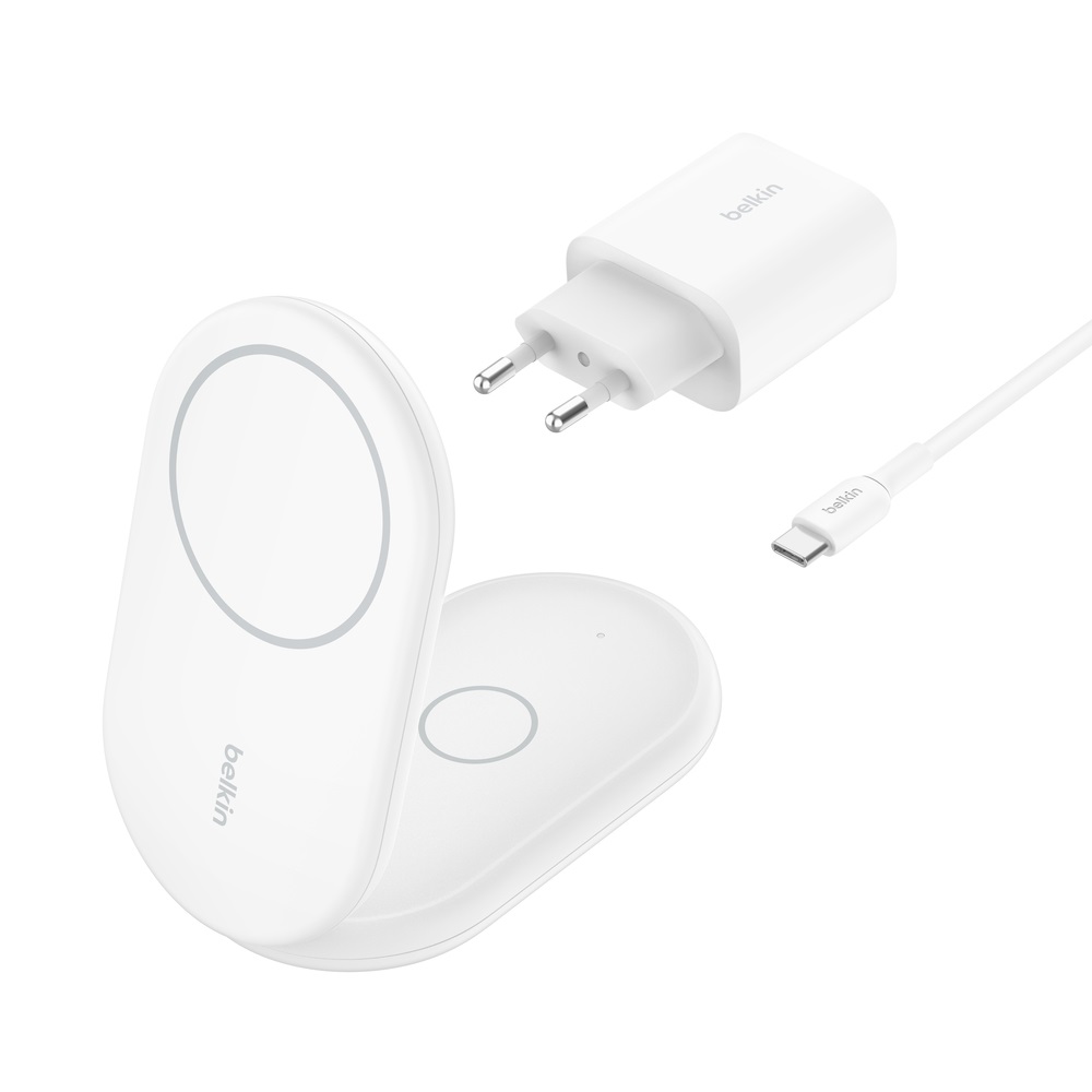 Belkin BoostCharge Caricabatteria Magnetico Pieghevole 2 in 1 Qi2 15W - Ricarica Wireless Rapida per iPhone 16/15/14 e AirPods, Base Antiscivolo, Bianco