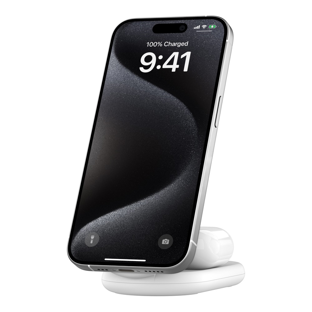 Belkin BoostCharge Caricabatteria Magnetico Pieghevole 2 in 1 Qi2 15W - Ricarica Wireless Rapida per iPhone 16/15/14 e AirPods, Base Antiscivolo, Bianco