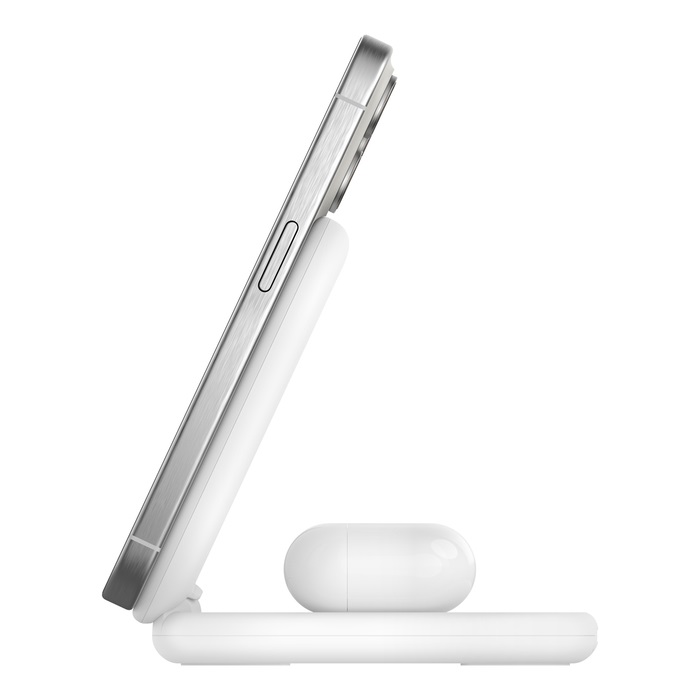 Belkin BoostCharge Caricabatteria Magnetico Pieghevole 2 in 1 Qi2 15W - Ricarica Wireless Rapida per iPhone 16/15/14 e AirPods, Base Antiscivolo, Bianco