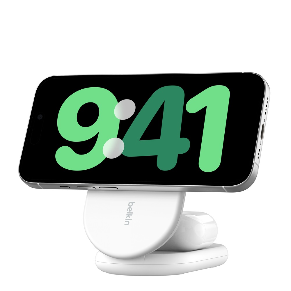 Belkin BoostCharge Caricabatteria Magnetico Pieghevole 2 in 1 Qi2 15W - Ricarica Wireless Rapida per iPhone 16/15/14 e AirPods, Base Antiscivolo, Bianco