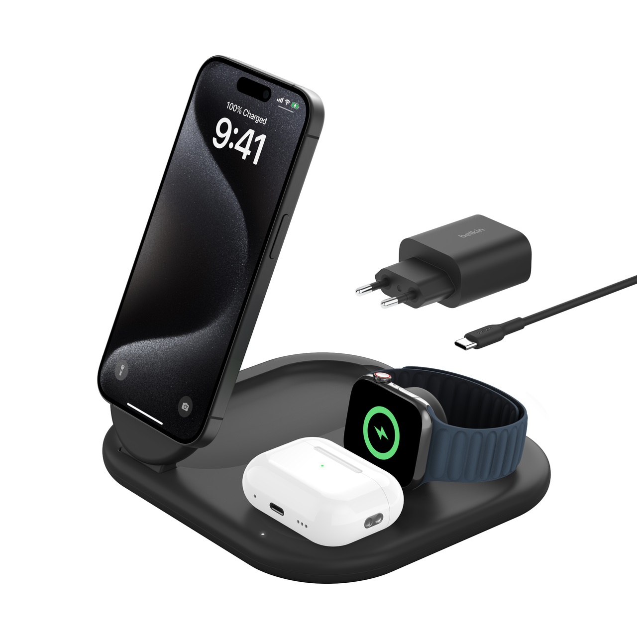 Belkin BoostCharge Caricabatteria Magnetico Pieghevole 3 in 1 Qi2 15W per iPhone 16/15, Apple Watch e AirPods - Ricarica Rapida, Base Antiscivolo, Alimentatore Incluso, Nero