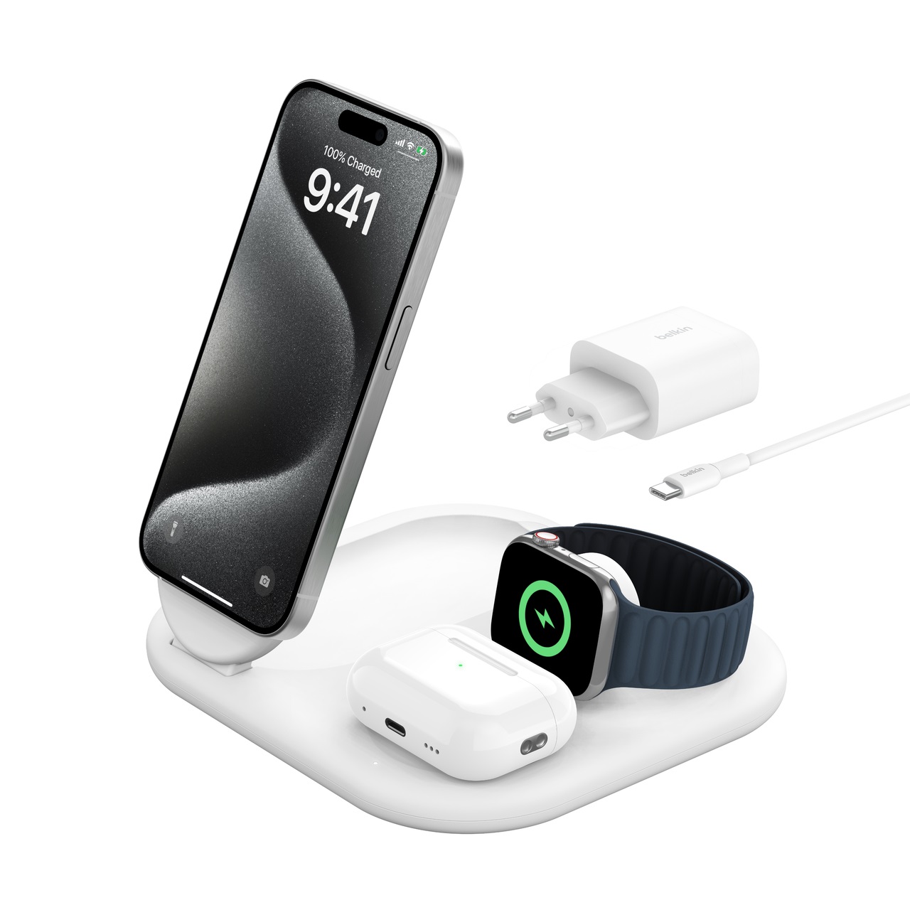 Belkin BoostCharge Caricabatteria Magnetico Pieghevole 3 in 1 Qi2 15W per iPhone 16/15/14/13/12, Apple Watch e AirPods - Bianco