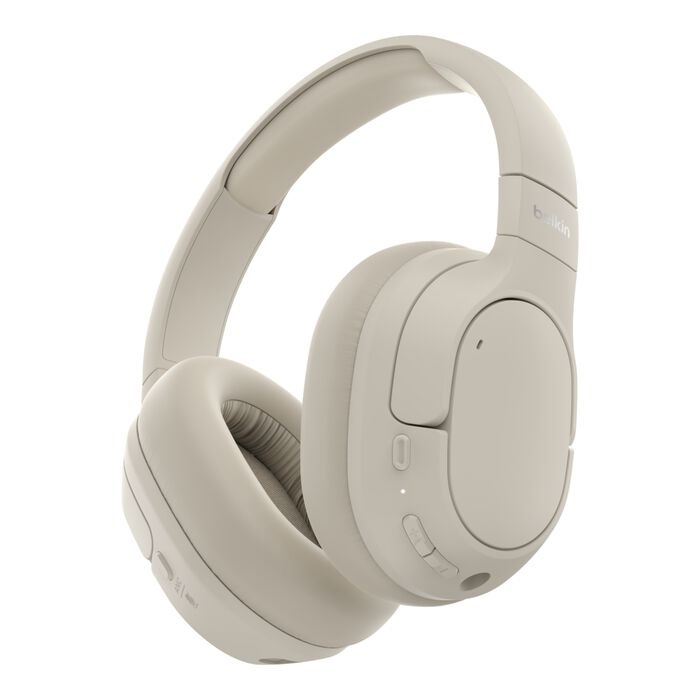 Belkin SoundForm Isolate Cuffie Wireless con Cancellazione Attiva del Rumore Ibrida, Microfono, Bassi Potenti, 60 Ore di Durata Batteria, Cuscinetti CloudCushion, Beige