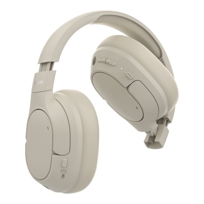 Belkin SoundForm Isolate Cuffie Wireless con Cancellazione Attiva del Rumore Ibrida, Microfono, Bassi Potenti, 60 Ore di Durata Batteria, Cuscinetti CloudCushion, Beige