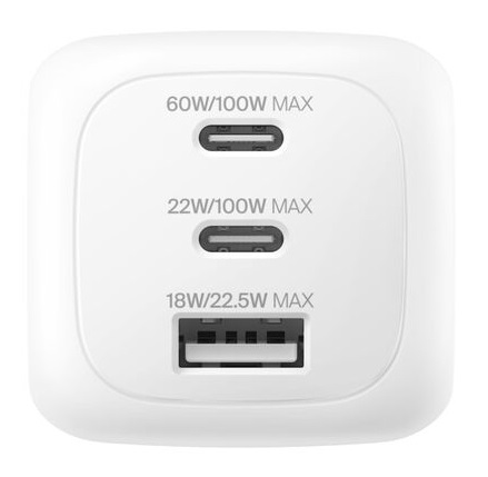 Belkin Caricatore da Muro GaN 100W Bianco con 2 Porte USB-C e 1 Porta USB-A, Ricarica Rapida
