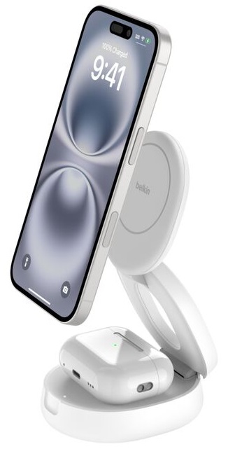 Belkin WIZ035kqWH Caricatore Wireless 15W Qi2 con MagSafe per iPhone 16 e AirPods, Ricarica Rapida, Base Antiscivolo, Alimentatore da 30W - Bianco