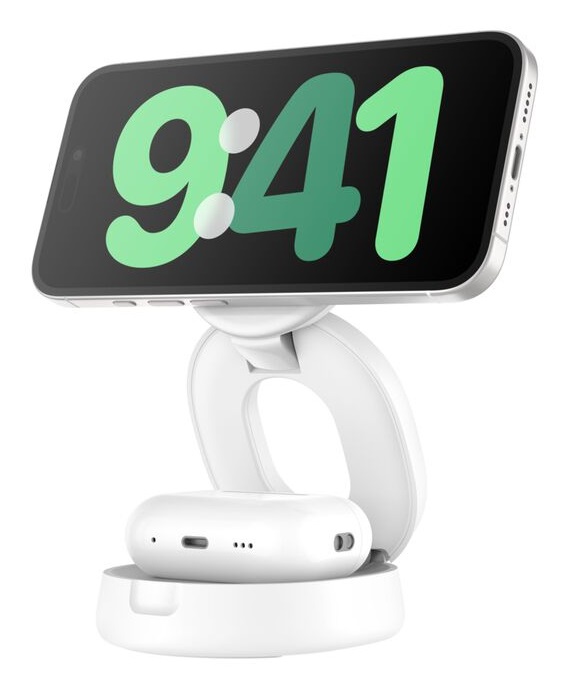 Belkin WIZ035kqWH Caricatore Wireless 15W Qi2 con MagSafe per iPhone 16 e AirPods, Ricarica Rapida, Base Antiscivolo, Alimentatore da 30W - Bianco