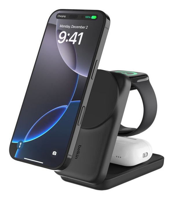 Belkin UltraCharge Caricatore Wireless Magnetico Qi2 3 in 1 25W per iPhone 16, Apple Watch, AirPods e Pixelsnap con Adattatore 45W, Nero