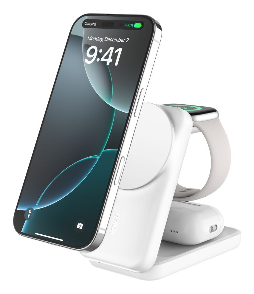 Belkin UltraCharge Caricatore Wireless Magnetico Qi2 25W, Stazione di Ricarica 3 in 1 per iPhone 16, Apple Watch e AirPods, Bianco con Adattatore 45W