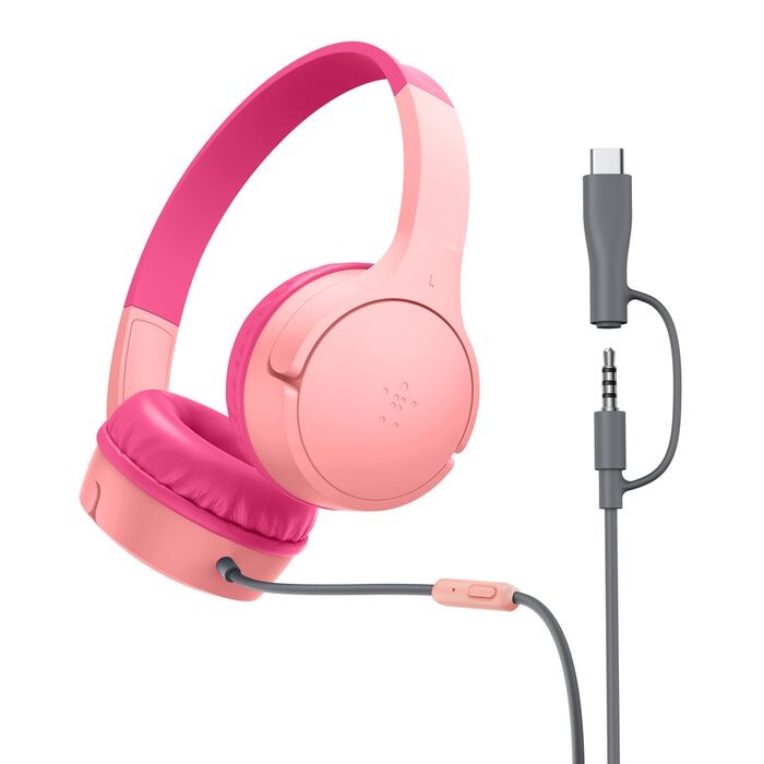 Belkin SoundForm Mini Cuffie per Bambini Rosa con Filo, Microfono, Adattatore USB-C, Limite Volume 85 dB