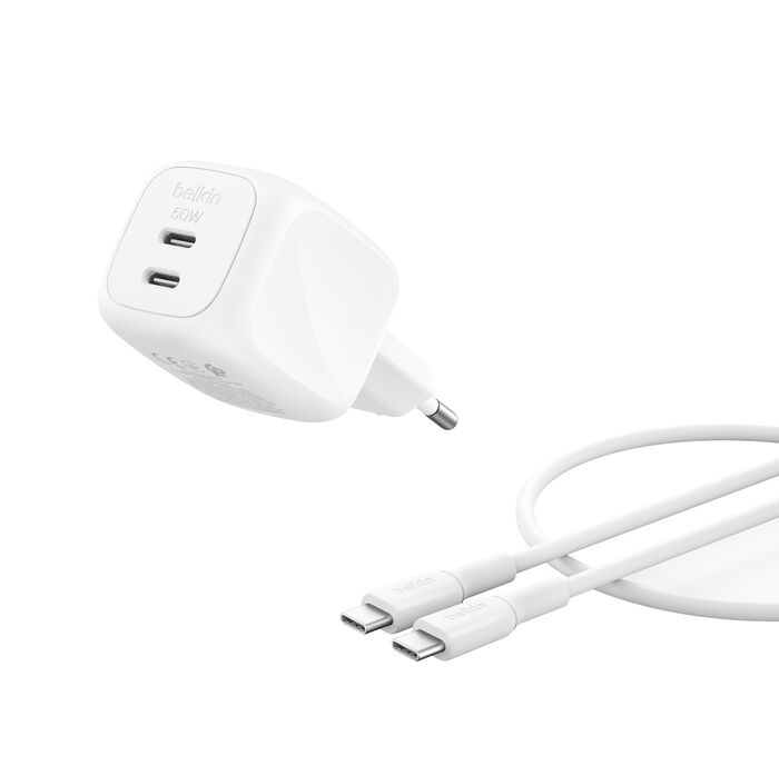 Belkin SmartProtect Caricatore GaN 50W a 2 Porte USB-C con Cavo USB C 1m Incluso - Ricarica Rapida per MacBook, iPhone 17, iPad Pro e Altri Dispositivi