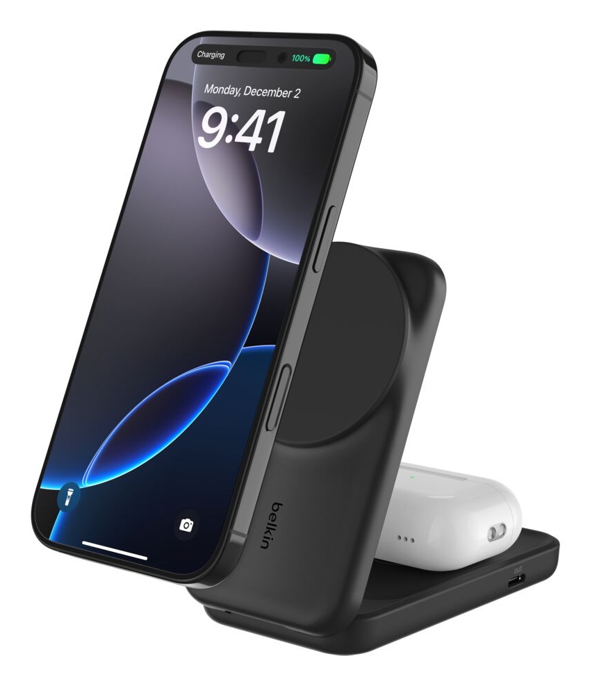 Belkin UltraCharge Caricatore Wireless 2 in 1 25W con MagSafe, USB-C e Adattatore 45W, Nero