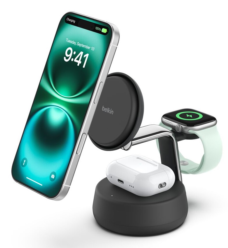 Belkin UltraCharge Pro Caricatore Wireless 3 in 1 Qi2 25W Compatibile con MagSafe per iPhone 16, Apple Watch, AirPods e Pixelsnap con Ventilatore e Adattatore 45W - Nero