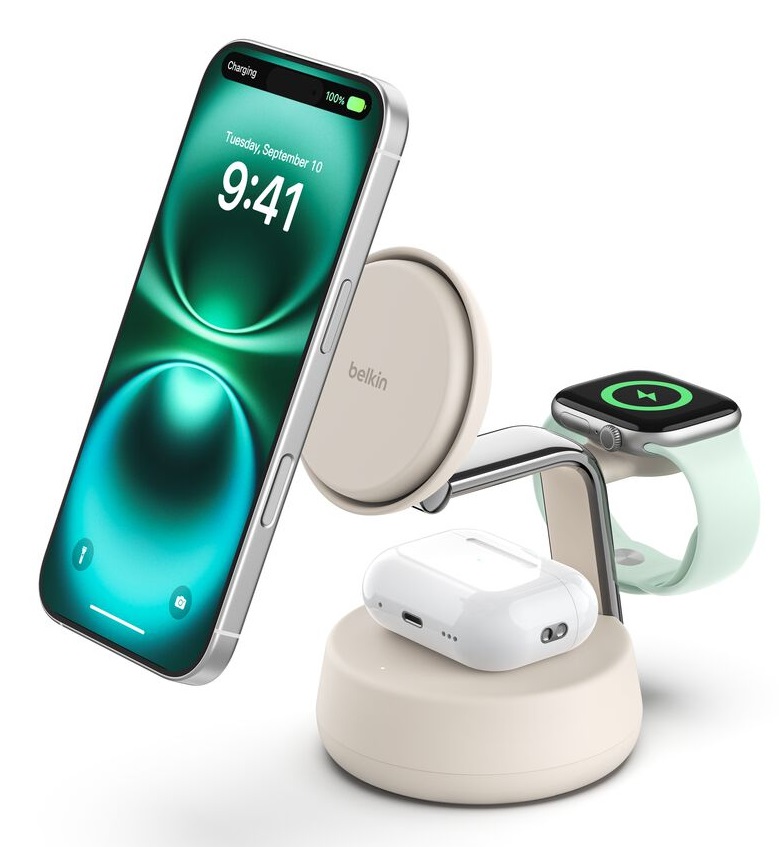 Belkin UltraCharge Pro Dock di Ricarica Magnetica 3 in 1 Qi2 25W per iPhone, Apple Watch e AirPods con Ventilatore