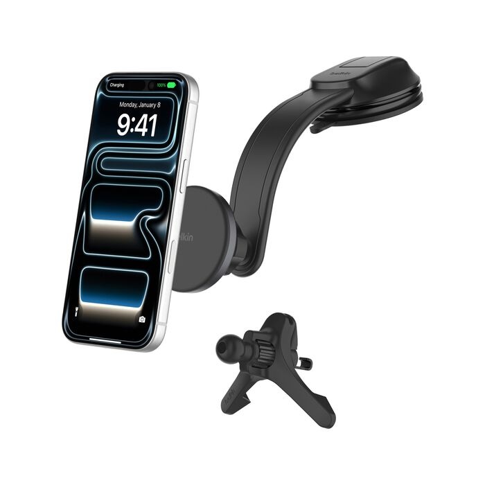 Belkin Caricatore da Auto Wireless Magnetico 15W con Supporto per Bocchette e Cruscotto, Ricarica Rapida Compatibile con MagSafe per iPhone 17, Galaxy S25 e Pixelsnap - Nero