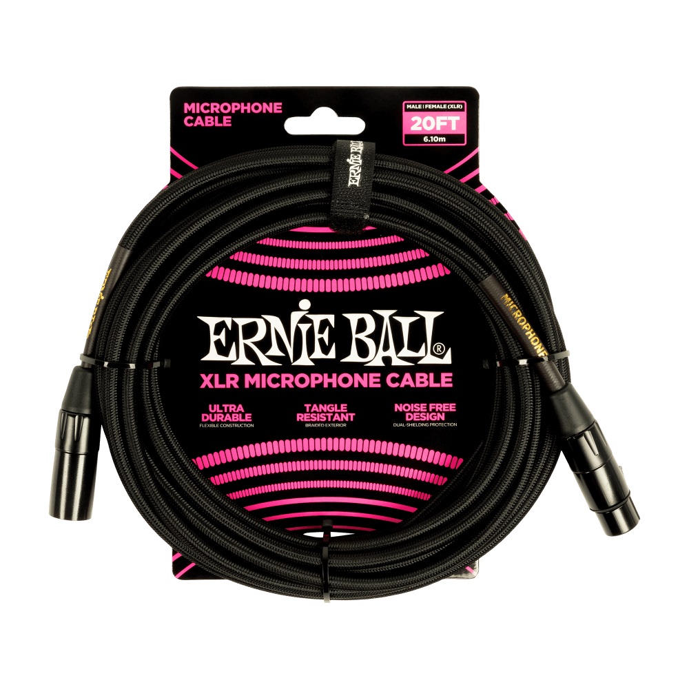 Ernie Ball Cavo Microfonico XLR Intrecciato 6,10 m Maschio/Femmina Nero - Conduttore in Rame Privo di Ossidazione