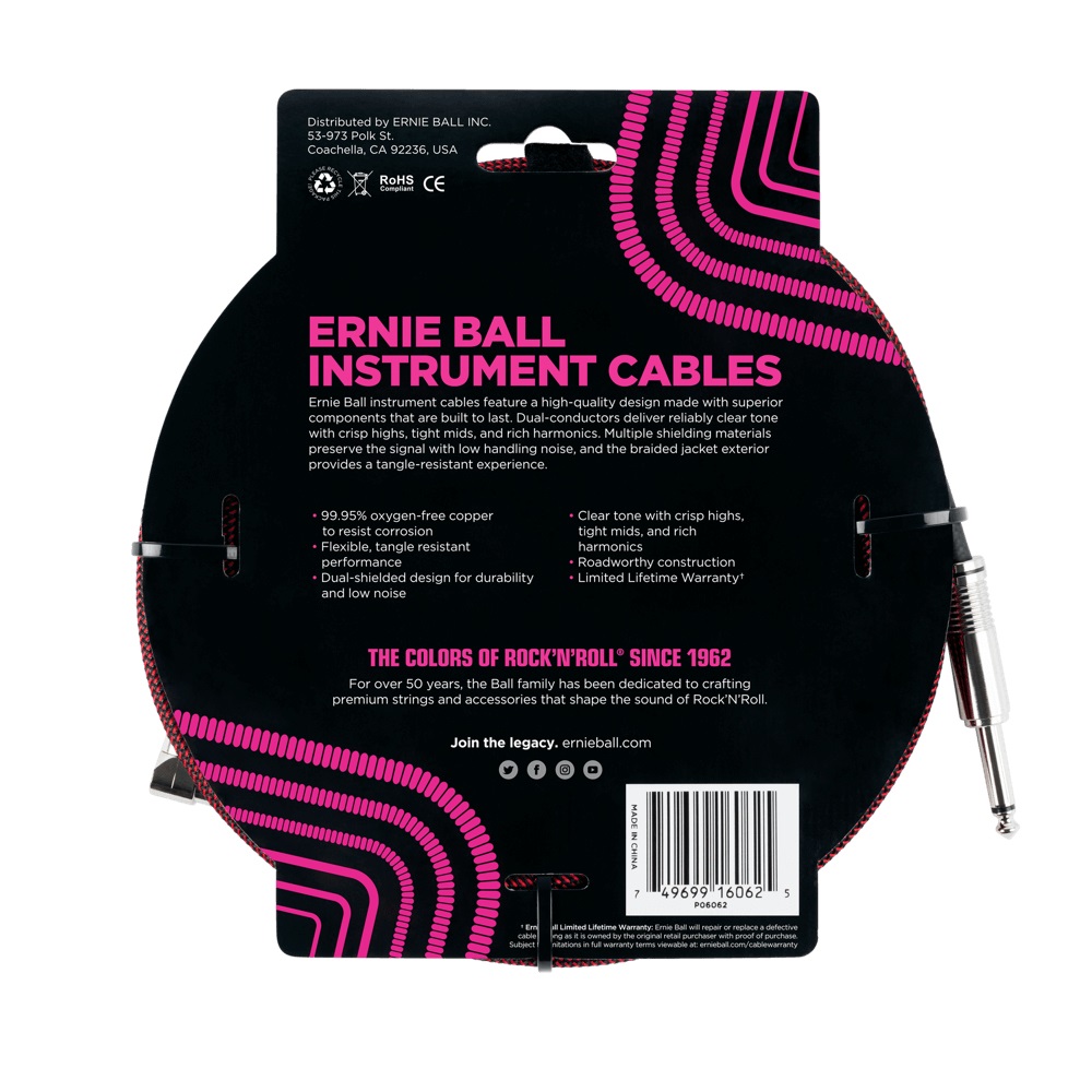 Ernie Ball Cavo Intrecciato per Strumenti 7,62 m Dritto/Angolato Nero/Rosso con Rame Privo di Ossigeno