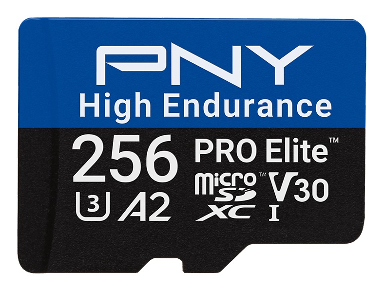 PNY Scheda microSDXC PRO Elite™ 256GB High Endurance C10 U3 V30 A2 - Velocità fino a 100/90MB/s per 4K UHD e sorveglianza