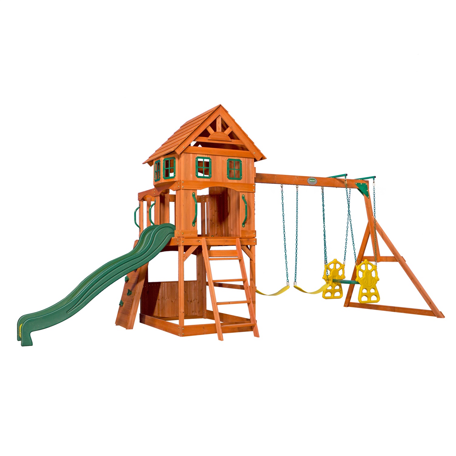 Backyard Discovery Atlantic Parco Giochi con Altalene, Scivolo, Sabbiera e Parete di Arrampicata - Casetta in Legno per Giardino