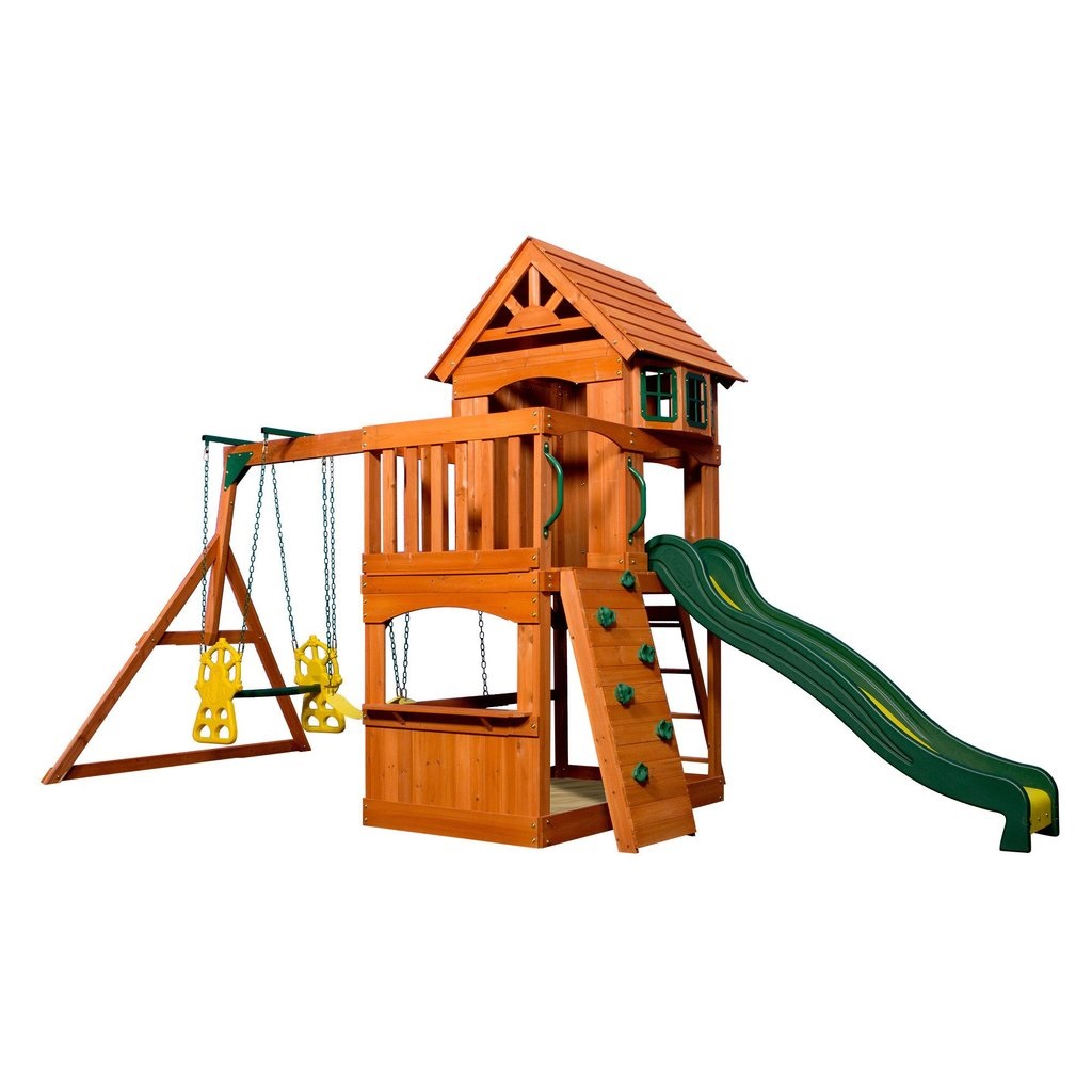 Backyard Discovery Atlantic Parco Giochi con Altalene, Scivolo, Sabbiera e Parete di Arrampicata - Casetta in Legno per Giardino