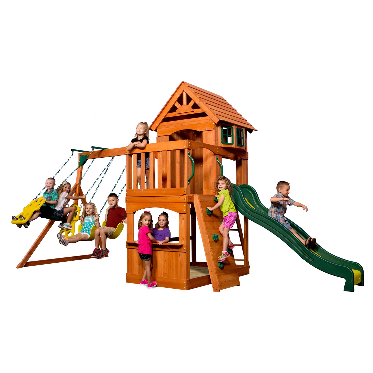 Backyard Discovery Atlantic Parco Giochi con Altalene, Scivolo, Sabbiera e Parete di Arrampicata - Casetta in Legno per Giardino