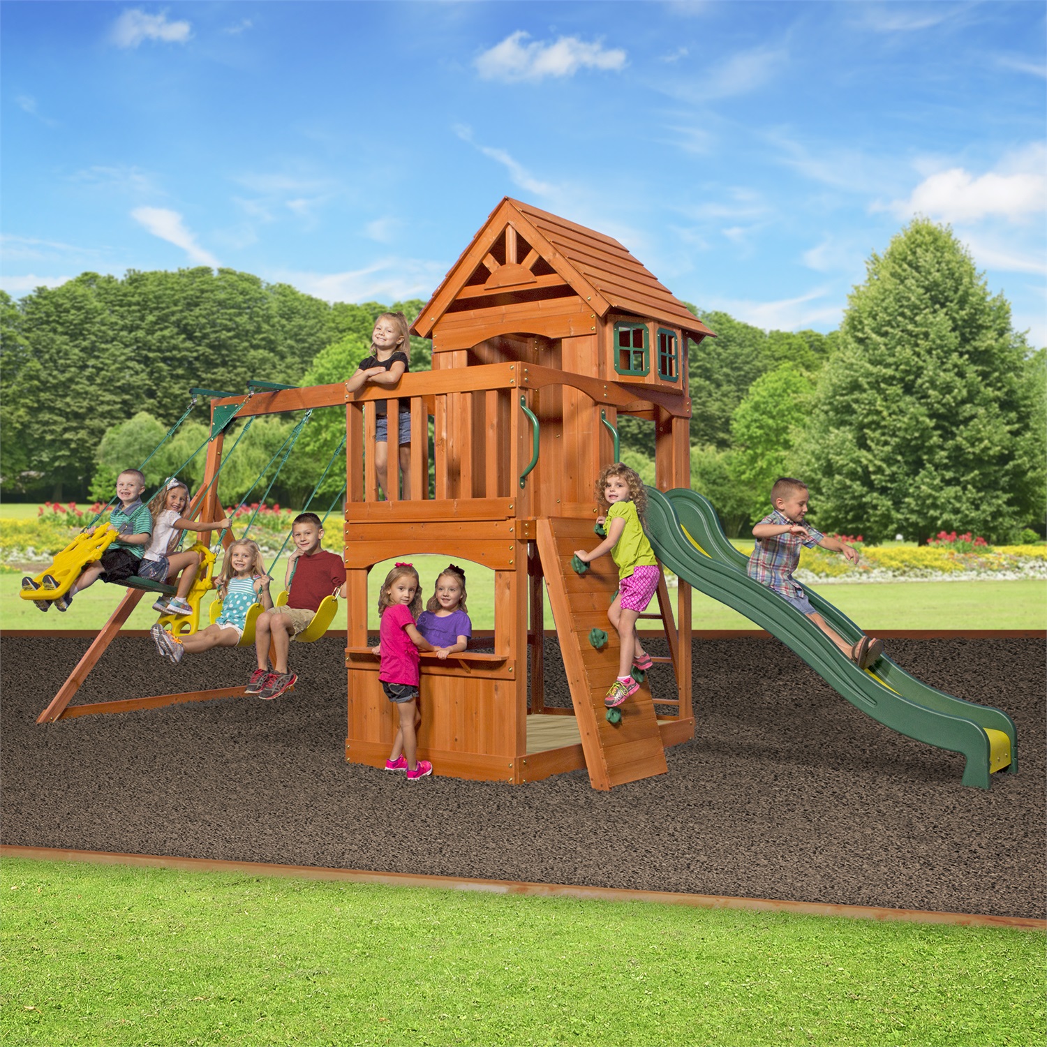 Backyard Discovery Atlantic Parco Giochi con Altalene, Scivolo, Sabbiera e Parete di Arrampicata - Casetta in Legno per Giardino