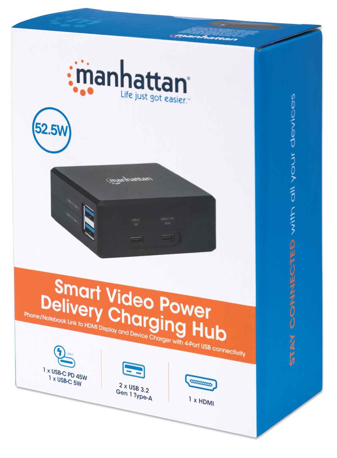 Manhattan Hub USB-C™ con Ricarica Power Delivery 45W e Cavo da 1,8 m - Nero