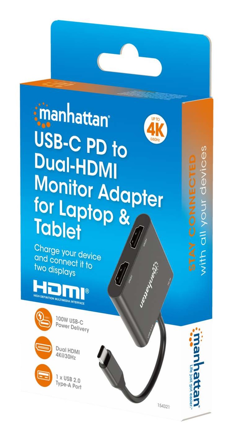 Manhattan Adattatore HDMI USB-C PD a Doppio Monitor HDMI 4K 60Hz con Ricarica fino a 100W