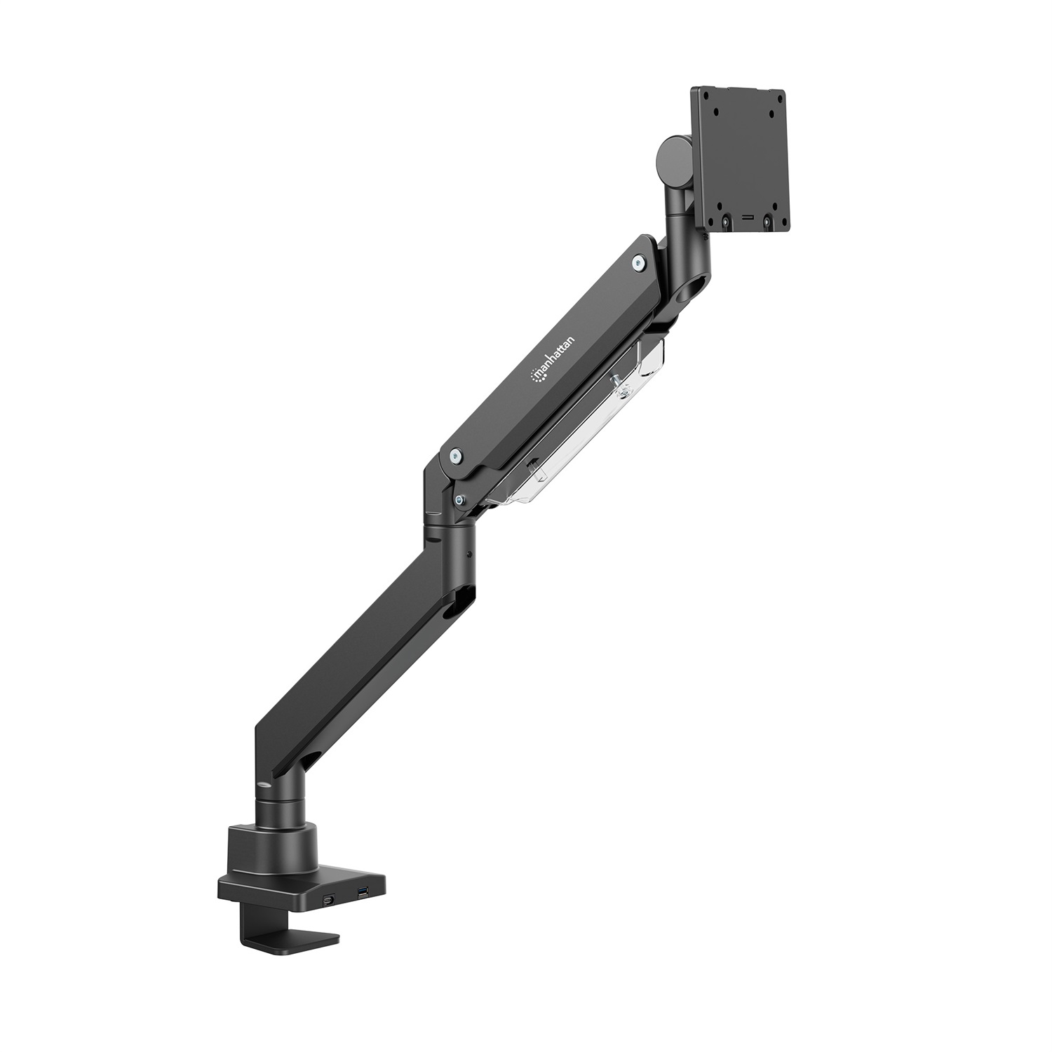 Manhattan 462594 Supporto da Tavolo per Monitor Singolo 17-57'' con Molla a Gas, Alluminio Ultra Resistente, Porte USB, Nero