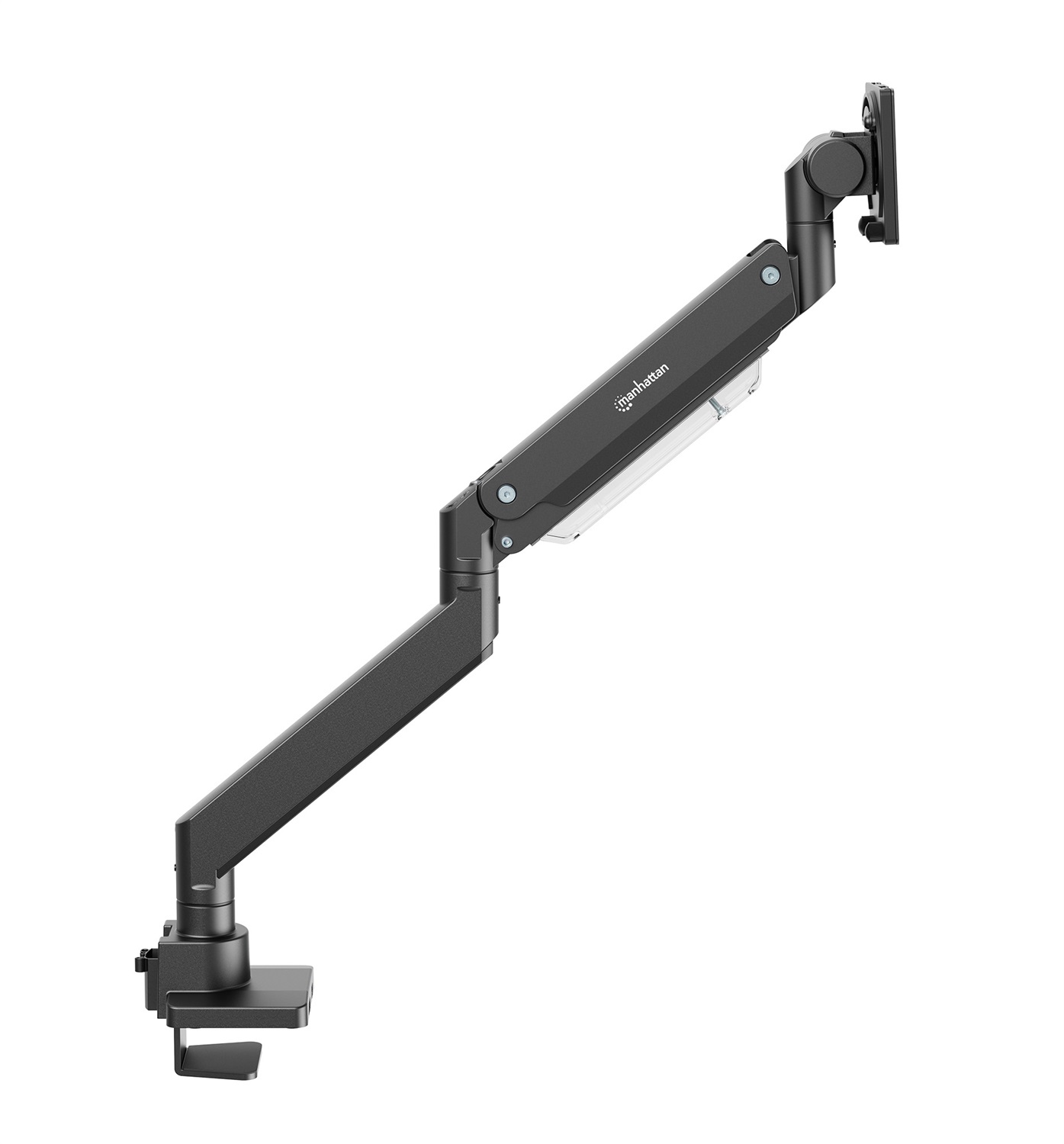 Manhattan 462594 Supporto da Tavolo per Monitor Singolo 17-57'' con Molla a Gas, Alluminio Ultra Resistente, Porte USB, Nero