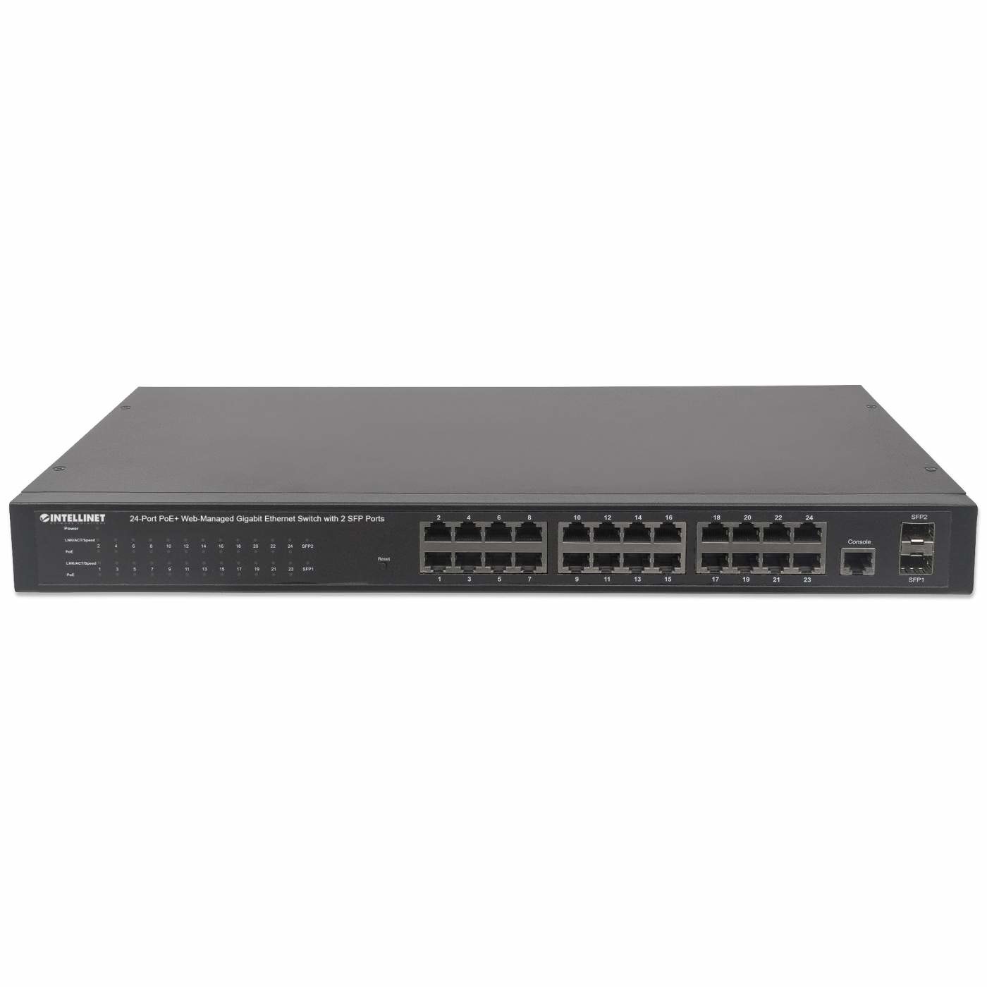 Intellinet 560559 Switch di Rete Gestito 24 Porte Gigabit Ethernet (10/100/1000) con Supporto Power over Ethernet (PoE) - Montaggio Rack