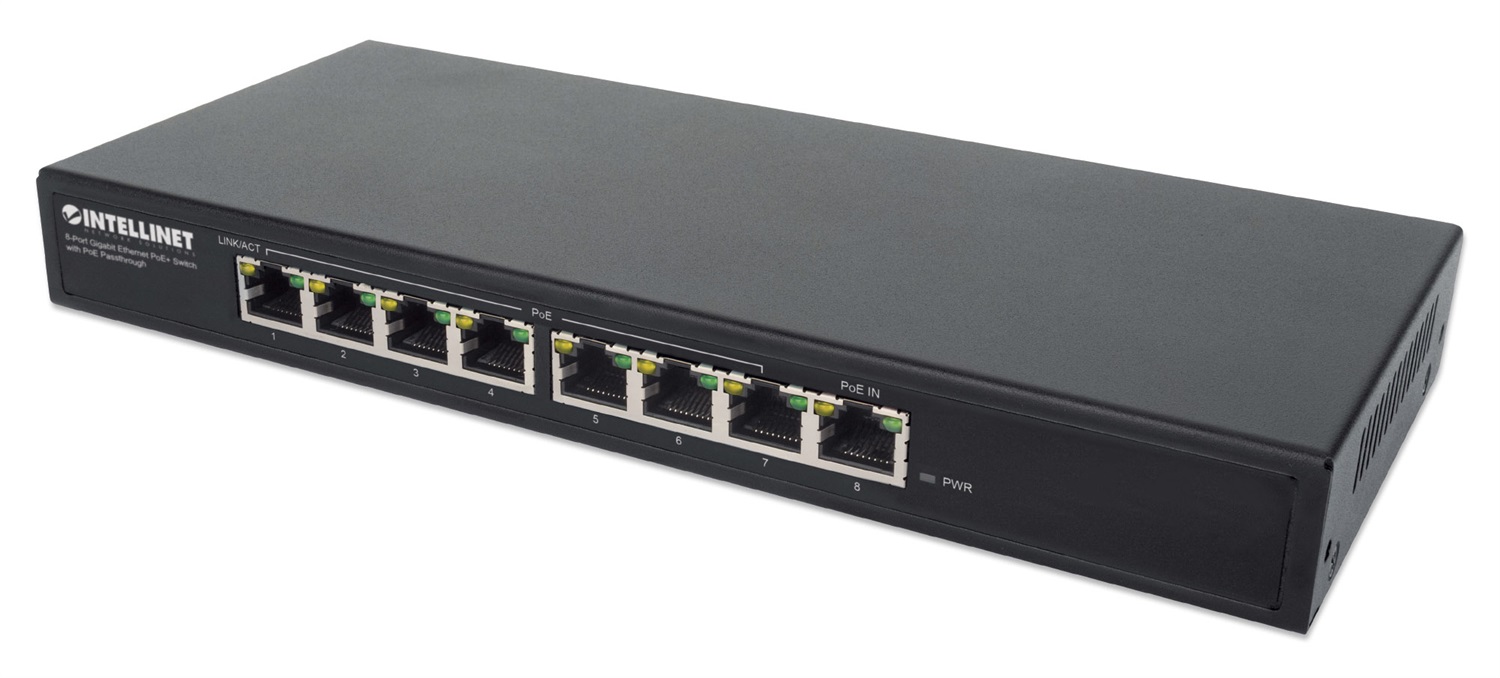 Intellinet 561679 Switch di Rete Gigabit Ethernet a 8 Porte con Supporto Power over Ethernet (PoE) e Passthrough PoE - Nero