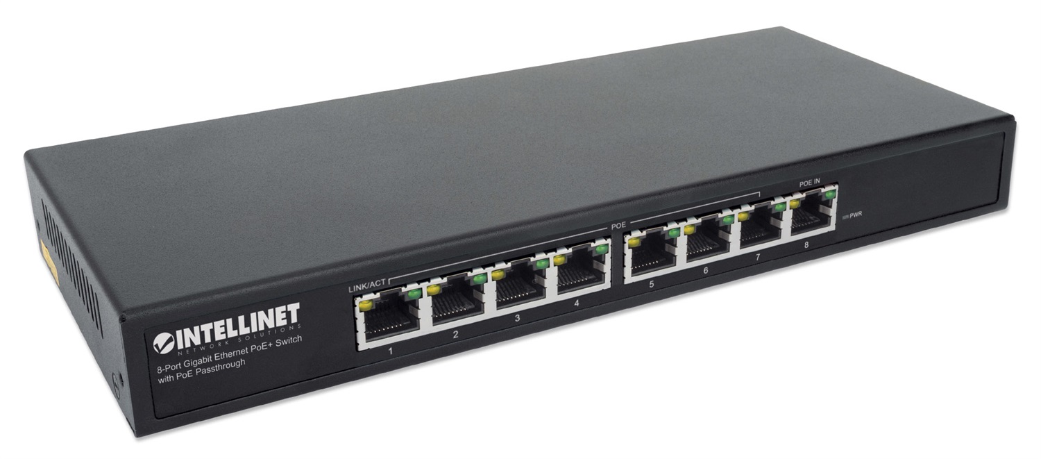 Intellinet 561679 Switch di Rete Gigabit Ethernet a 8 Porte con Supporto Power over Ethernet (PoE) e Passthrough PoE - Nero