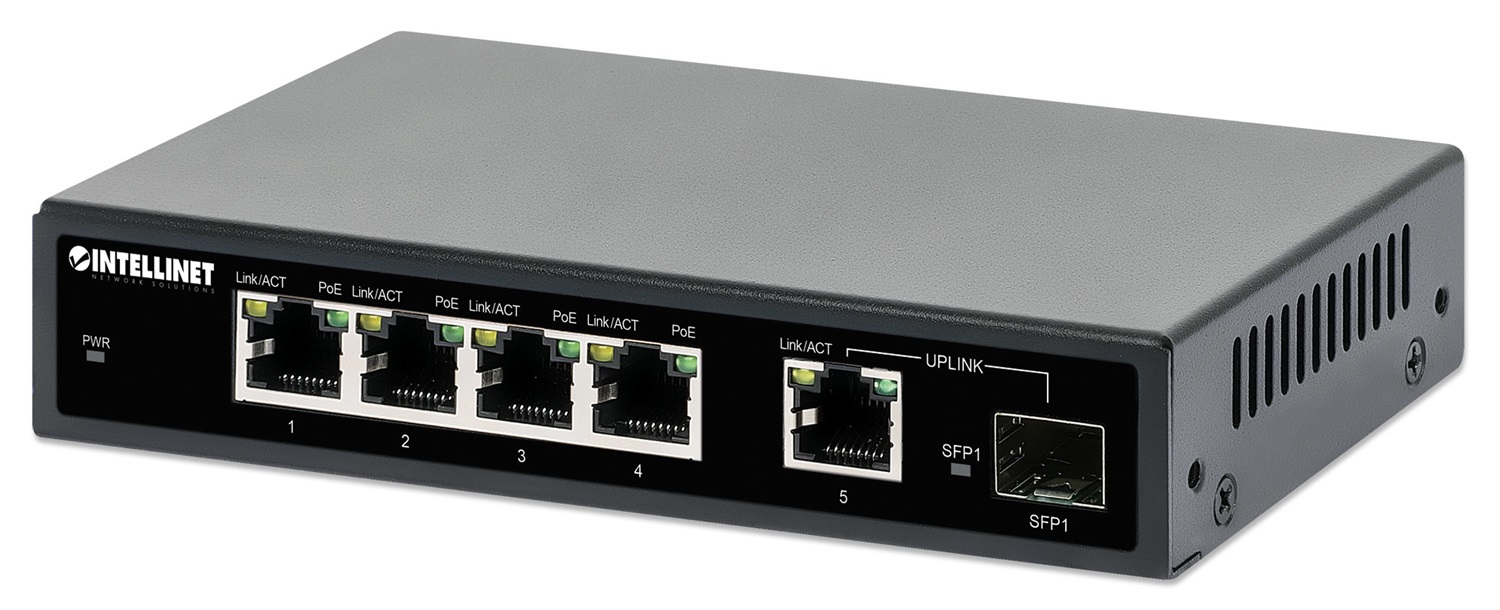 Intellinet 561822 Switch di Rete Gigabit Ethernet 5 Porte (10/100/1000) con Supporto Power over Ethernet (PoE) e SFP Port - 91W Power Budget