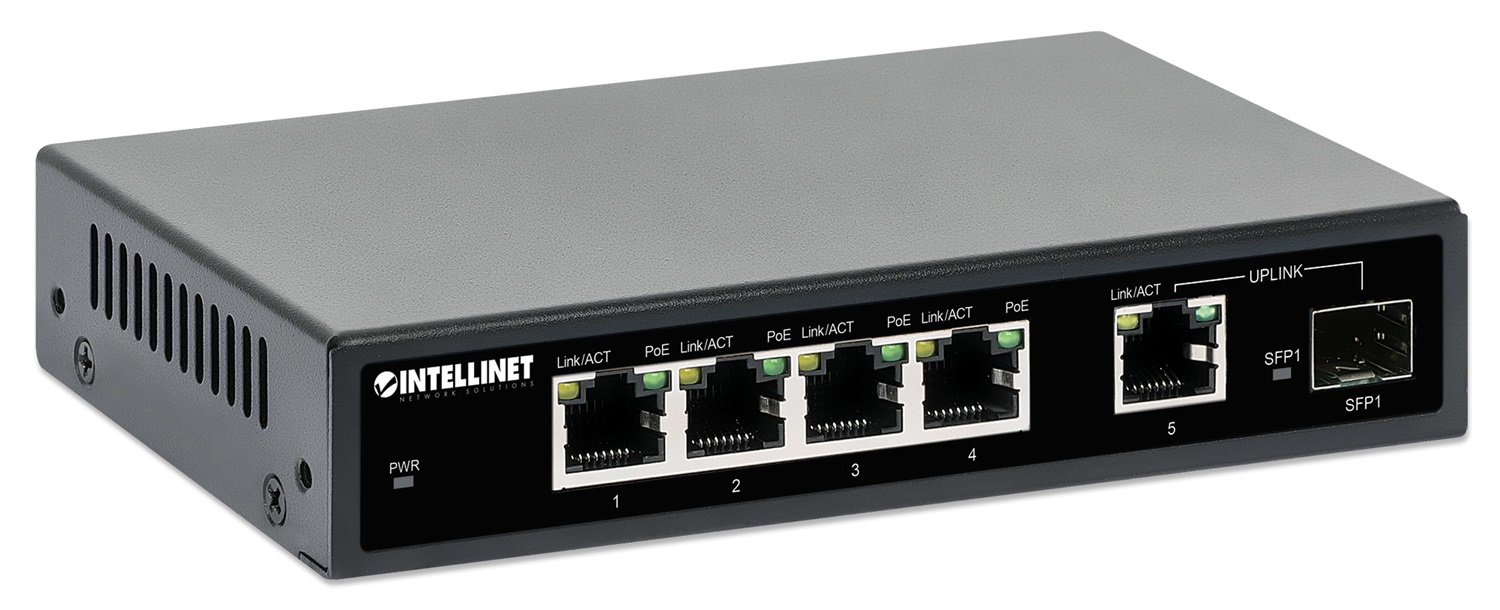 Intellinet 561822 Switch di Rete Gigabit Ethernet 5 Porte (10/100/1000) con Supporto Power over Ethernet (PoE) e SFP Port - 91W Power Budget