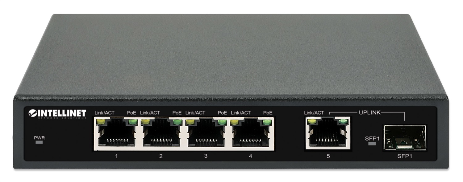 Intellinet 561822 Switch di Rete Gigabit Ethernet 5 Porte (10/100/1000) con Supporto Power over Ethernet (PoE) e SFP Port - 91W Power Budget