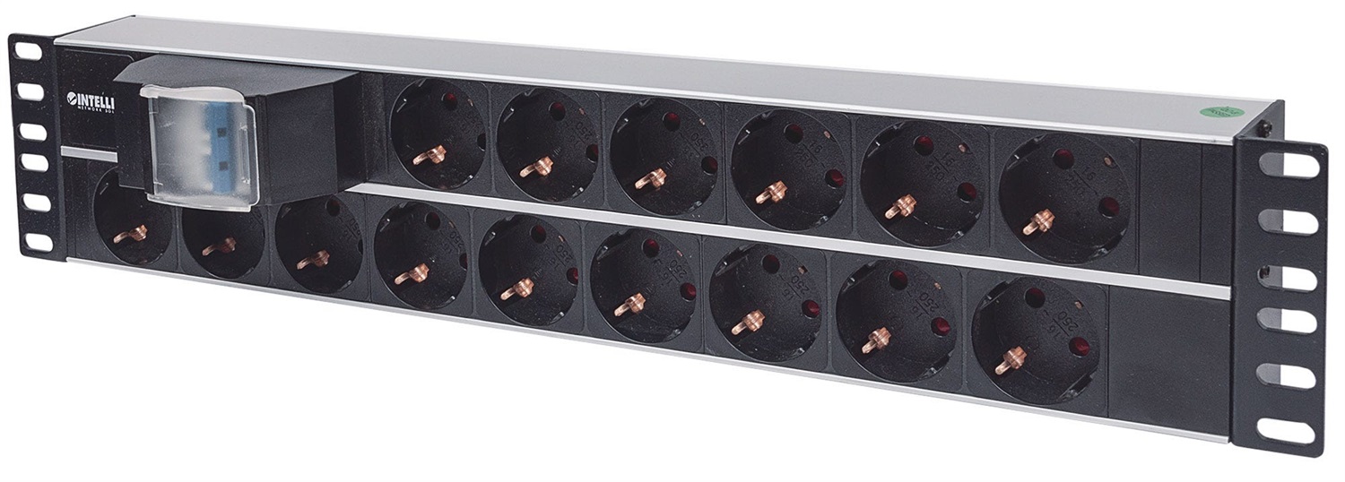Intellinet 714051 Multipresa da Rack 19'' 2U con 15 Prese Schuko Angolate in Alluminio Nero