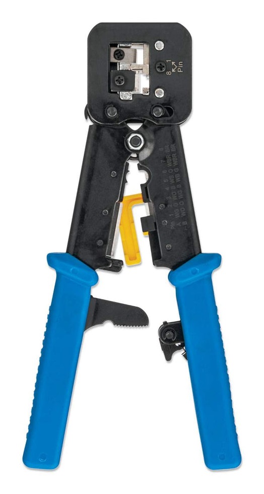 Intellinet Pinza di Crimpatura Professionale per Plug Modulari Passanti FastCrimp RJ45, RJ12 e RJ11 - Funzioni di Taglio e Sguainatura in Acciaio al Carbonio