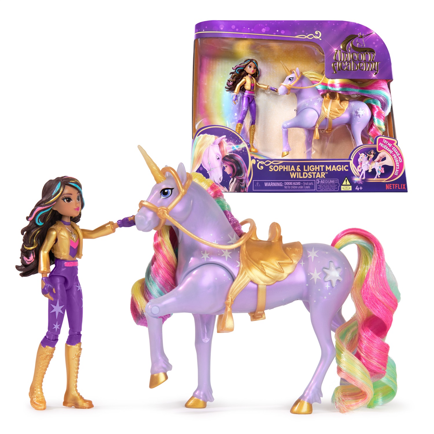 Spin Master Unicorn Academy Sophia & Light Magic Wildstar con Effetto Magica Luce dell'Arcobaleno, 2 Accessori per l'Equitazione, Unicorno Alto 13 cm, Giocattolo per Bambine 4 Anni