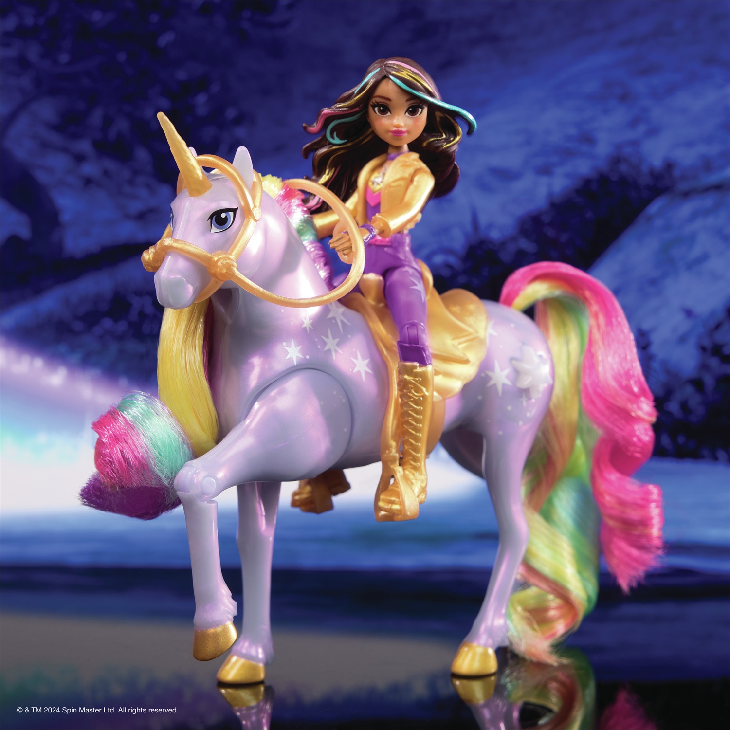 Spin Master Unicorn Academy Sophia & Light Magic Wildstar con Effetto Magica Luce dell'Arcobaleno, 2 Accessori per l'Equitazione, Unicorno Alto 13 cm, Giocattolo per Bambine 4 Anni