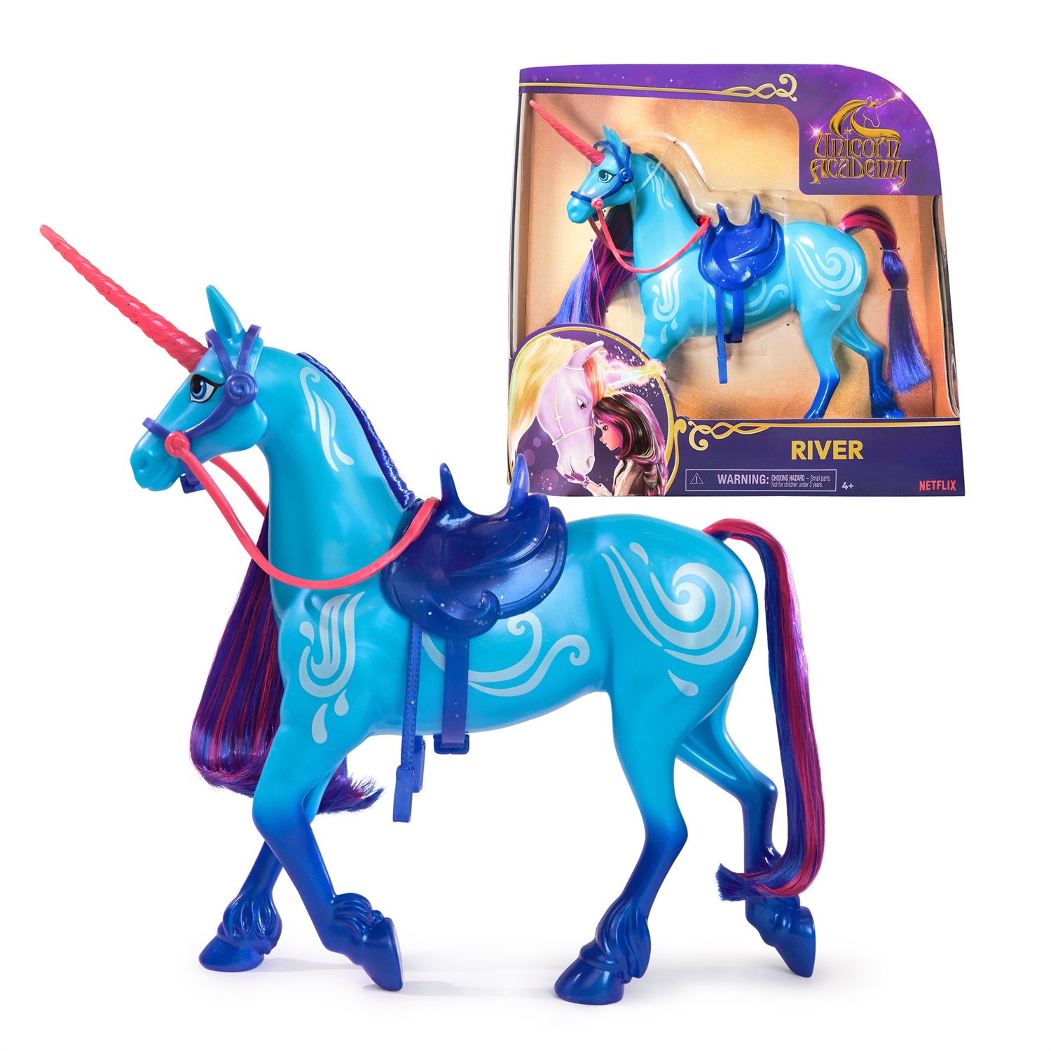 Spin Master Unicorn Academy - Unicorno River 28 cm con Luci e Suoni, 2 Accessori per l'Equitazione, Compatibile con la Bambola di Isabel