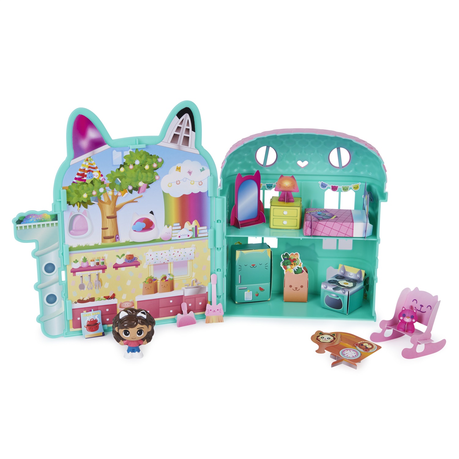 Gabby's Dollhouse - Mini set di gioco casa delle bambole con personaggio di Gabby e figurina, include cartoncini arredamenti, per bambini dai 3 anni in su