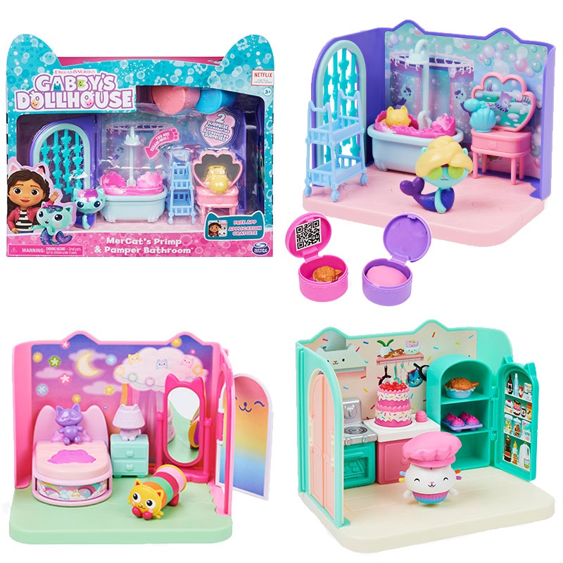 Gabby's Dollhouse Primp and Pamper Bathroom con MerCat, 3 accessori, 3 mobili, 2 scatole con sorpresa e bagno gorgogliante per bambini dai 3 anni in su