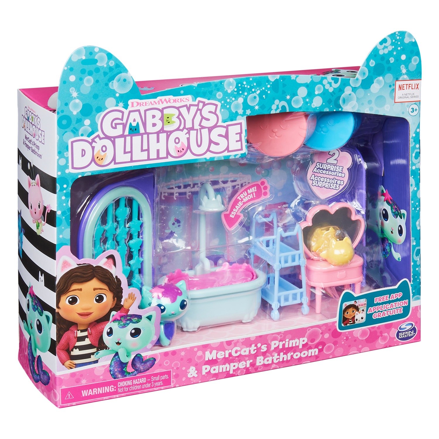 Gabby's Dollhouse Primp and Pamper Bathroom con MerCat, 3 accessori, 3 mobili, 2 scatole con sorpresa e bagno gorgogliante per bambini dai 3 anni in su