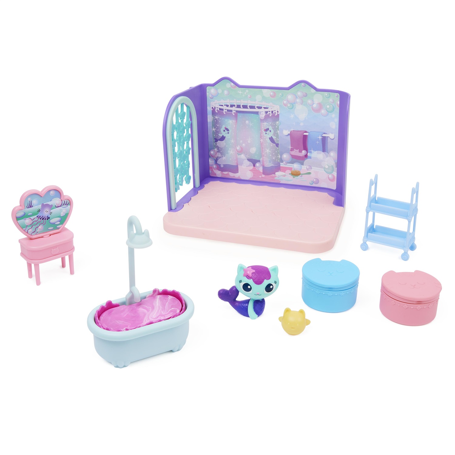 Gabby's Dollhouse Primp and Pamper Bathroom con MerCat, 3 accessori, 3 mobili, 2 scatole con sorpresa e bagno gorgogliante per bambini dai 3 anni in su