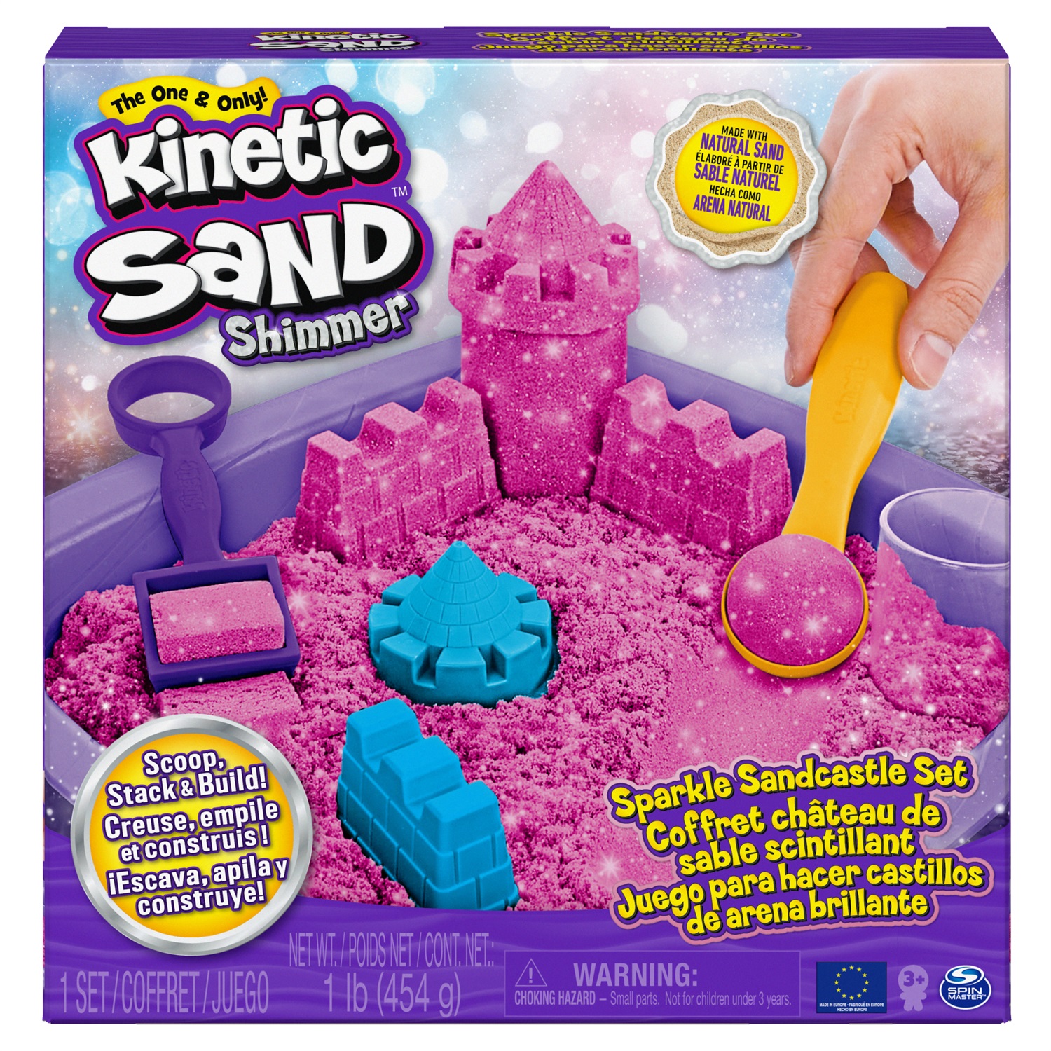 Spin Master Kinetic Sand Castello di Sabbia Shimmer Rosa 454gr - Sabbia Cinetica Glitterata con 3 Accessori e Vaschetta Inclusi per Bambini 3 Anni