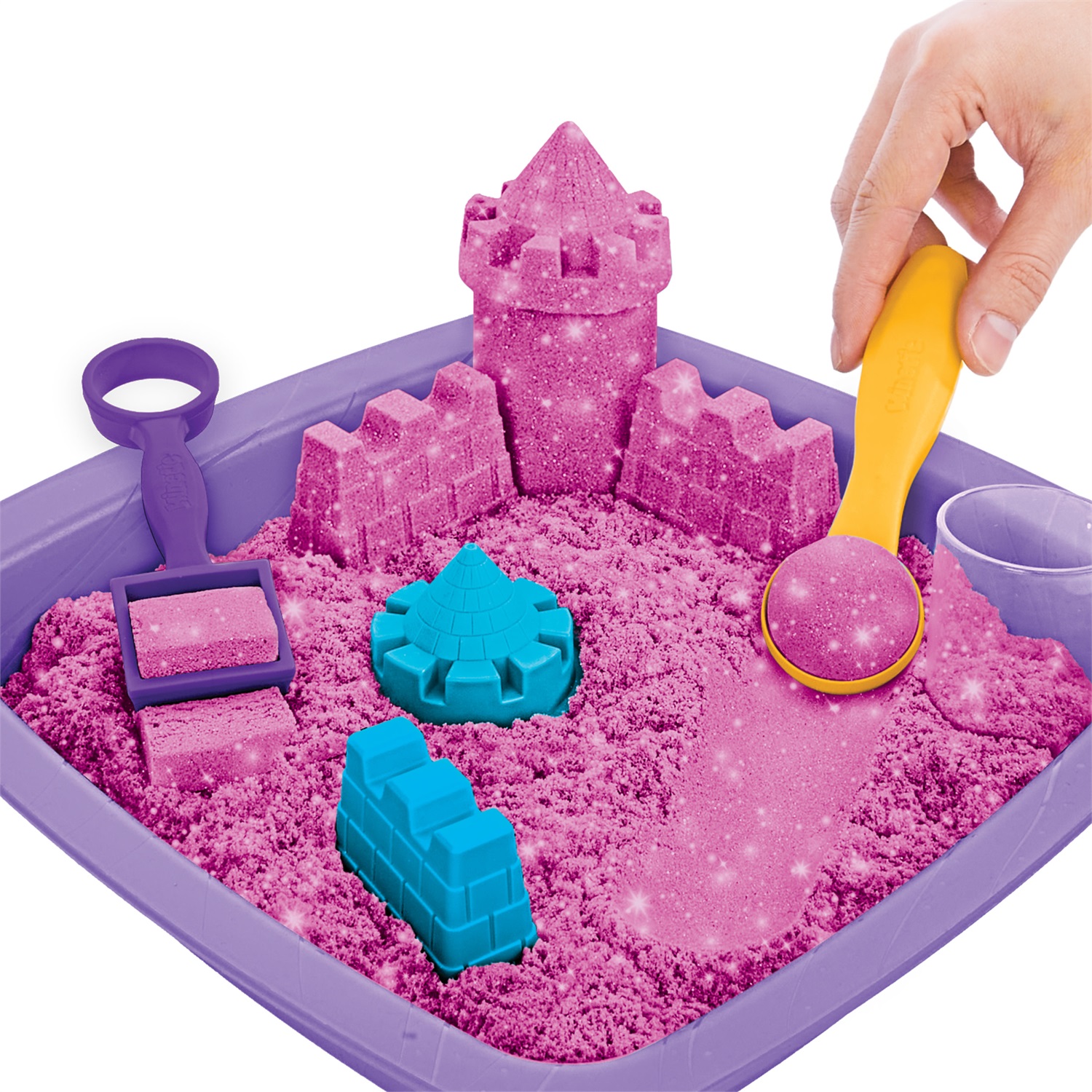 Spin Master Kinetic Sand Castello di Sabbia Shimmer Rosa 454gr - Sabbia Cinetica Glitterata con 3 Accessori e Vaschetta Inclusi per Bambini 3 Anni