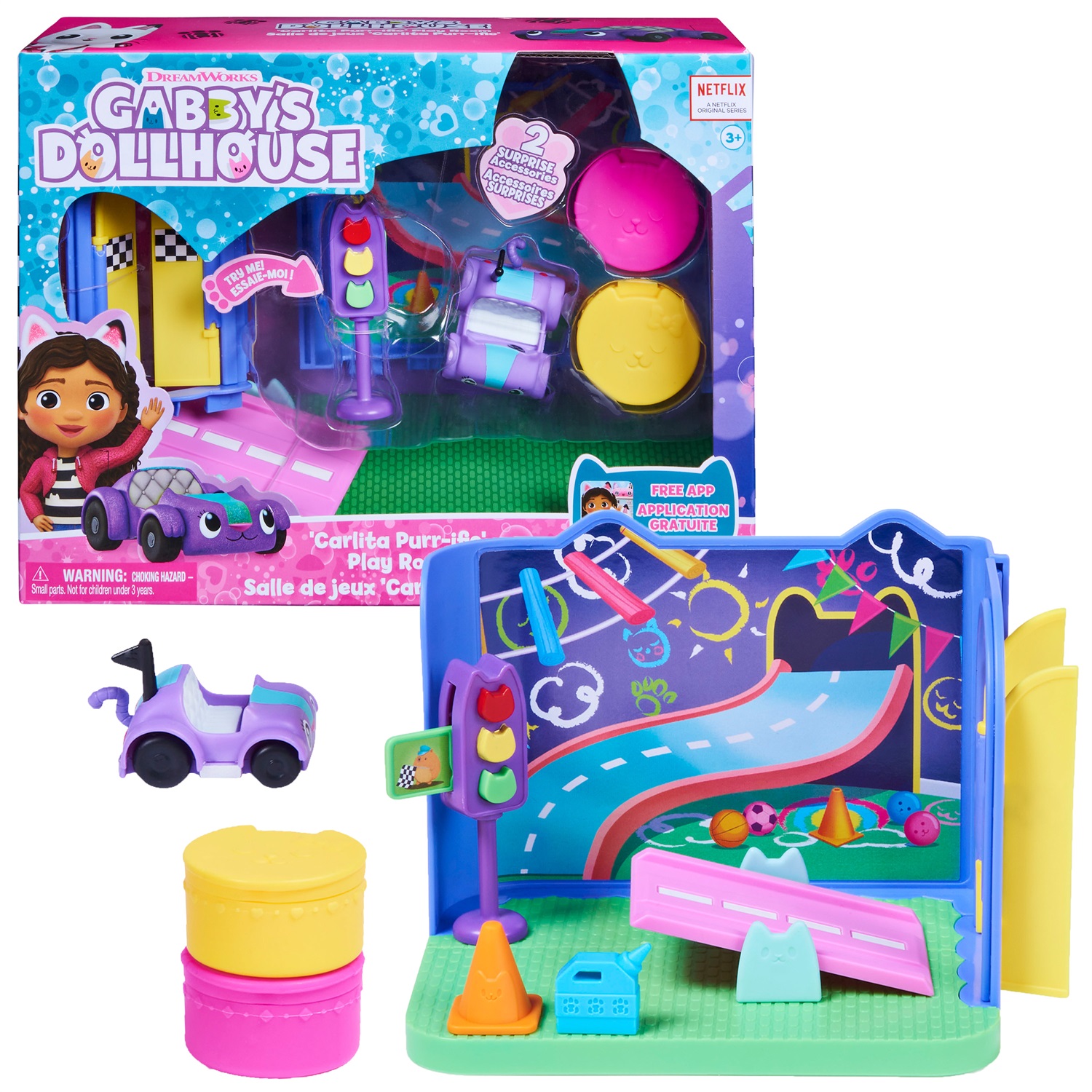Gabby's Dollhouse - Stanza dei Giochi Purr-ific con Macchinina Giocattolo Carlita, Accessori, Mobili e Scatola con Sorpresa, per Bambini dai 3 Anni, Multicolore